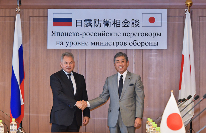 Japan and Russia Defence Minister meeting in Tokyo Japan s Defence Minister Takeshi Iwaya shakes hands with Russia s Defence Minister Sergei Shoigu at the Defence Ministry in Tokyo, Japan on May 30, 2019.  Photo by AFLO 
