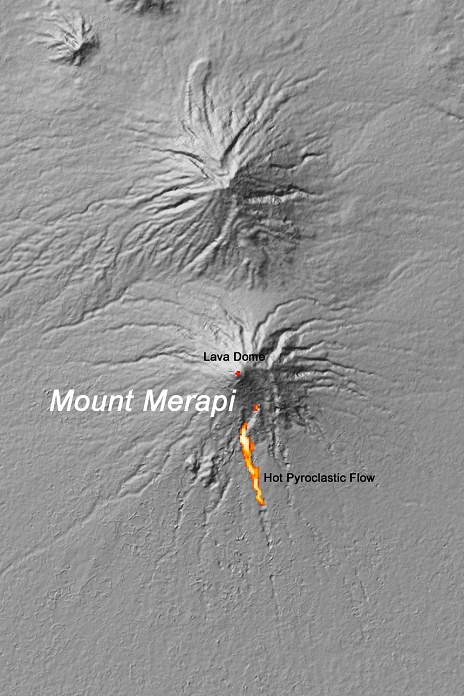 Mount Merapi, Indonesia Gray World  NASA satellite image  A hot pyroclastic flow is visible on the side of Mount Merapi on Indonesia s Java island, captured by NASA s Terra satellite on Nov. 5, 2010. After several days of eruptive episodes, the volcano began an eruption on November 3 that was five times more intense than on October 26 and lasted more than 24 hours. It is the most violent eruption at the volcano since the 1870s, said local geologists.  Photo by NASA AFLO   3133 