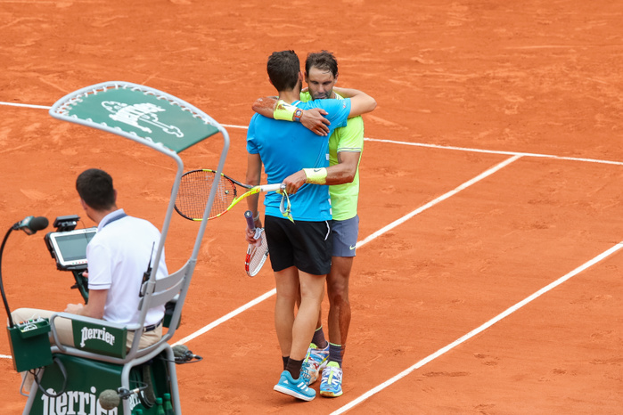 French Open Tennis Tournament 2019 Rafael Nadal of Spain and Dominic Thiem of Austria greet each other after the men s singles final match of the French Open tennis tournament at the Roland Garros in Paris, France on June 9, 2019.  Photo by AFLO  