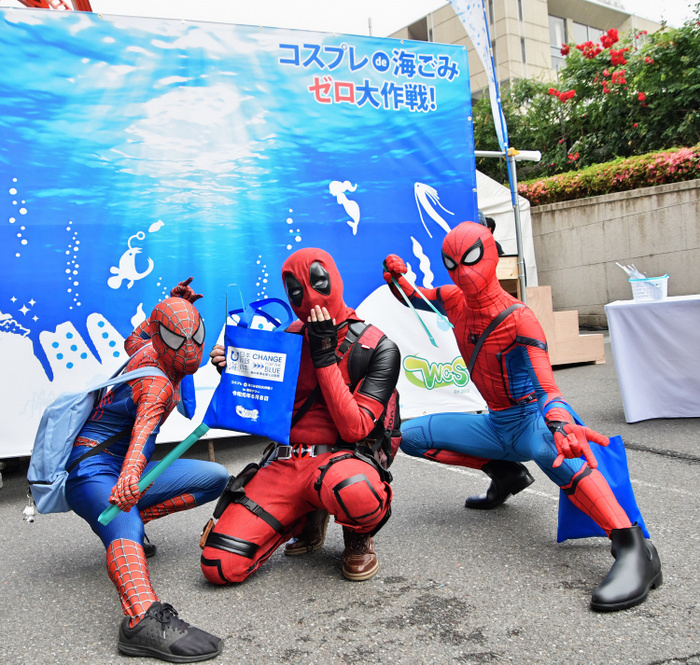 Cosplayers collaborate with  Umigomi Zero Project  in Tokyo Cosplayers pose for cameras during an event for  Umigomi Zero Project  at Tokyo Tower in Japan on June 2019.  Umigomi Zero Project  is a part of address the serious problem of plastic ocean debris.  Photo by AFLO 