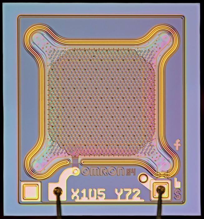 Smartphone MEMS microphone, light micrograph Light micrograph of a MEMS  MicroElectroMechanical System  microphone wafer. MEMS microphones are installed in nearly all modern smartphones. The image shows the complete MEMS wafer with the connection bond wires on the bottom of the image. The MEMS is mounted together with the amplifier wafer in the small housing. Microscopic contrast technique: Incident differential interference contrast. Magnification: 80x when printed 10 centimetres wide.