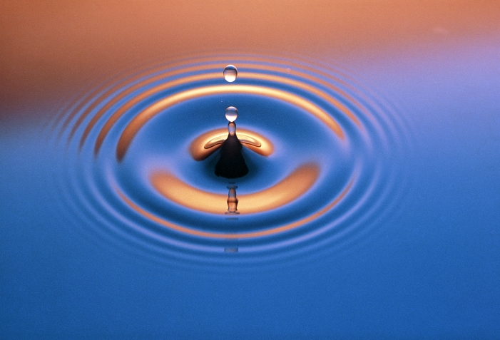 Transverse waves produced by a droplet of water penetrating the surface of a liquid. The droplet displaces a volume of water, which forms into a miniature crater. The walls of the crater collapse inward, pushing the original droplet back into the air in the form of a column of water. As the column falls back onto itself, droplets break away from the tip.