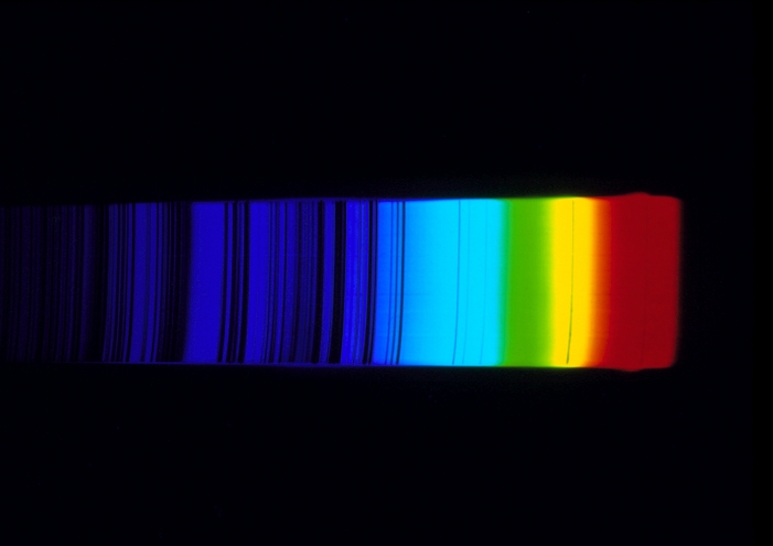 The spectrum of the Sun, when spread out by a spectrograph, shows dark 'absorption lines'. These are the result of photons of specific energy - and therefore wavelength - being absorbed by elements in the Sun's atmosphere, so that they do not reach Earth. There are some 20,000 of these lines, but this photograph shows only the major ones. The faint line at the red end of the spectrum is one of the hydrogen lines. The line in the yellow part is due to a pair of sodium lines, so close together that they are indistinguishable. It was by analysis of the solar spectrum that the presen- ce of helium in the Sun was first discovered.