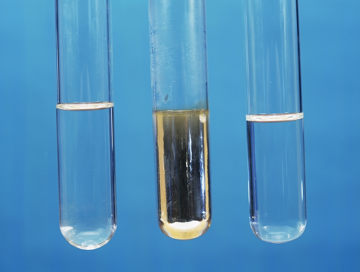 Silver mirror test. The silver mirror test is used to distinguish aldehydes from ketones. Tollen's reagent (ammoniacal silver nitrate) and ethanol are added to a solution. If the solution contains aldehydes, the ethanol reduces the silver ions to metallic silver, which deposits on the inside of the reaction vessel (middle). If the solution contains ketones it remains clear (right). The test tube on the left contains water.