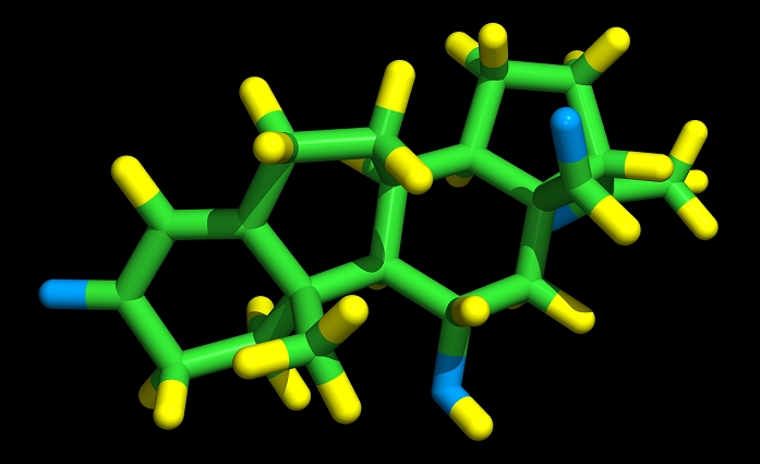 Aldosterone molecule. Computer graphic of a molecule of the hormone aldosterone (chemical formula: C21.H28.O5). The atoms are shown as cylinders, and are colour coded: carbon is green, hydrogen is yellow, and oxygen is blue. Aldosterone is a hormone released by the adrenal glands which helps maintain the body's water balance. It does this by increasing or decreasing uptake of sodium and potassium into tissues. Excess aldosterone levels in the blood can lead to high blood pressure and muscle weakness.