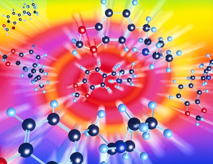 Ecstasy drug. Computer graphic of molecules of a type of ecstasy drug called 'Eve', on a psychedelic swirling background of colour. Eve is the name for the drug 3,4-methylenedioxy-N-ethyl- amphetamine (MDEA, formula: C12.H17.N.O2). The atoms are shown as spheres, and are colour-coded: carbon (black), hydrogen (grey), nitrogen (blue) and oxygen (red). Ecstasy drugs produce elation and an easy intoxication. Adverse effects include dehydration and difficulty focusing. Ecstasy is a drug of the 1990's. Some studies suggest that prolonged heavy use can cause brain damage, and some deaths have occurred.