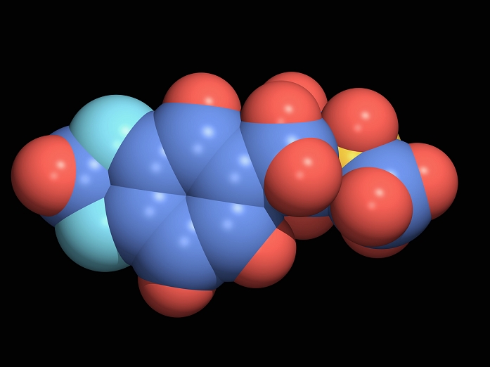 Ecstasy. Computer artwork of a molecule of the drug ecstasy (3, 4-methylenedioxymethamphetamine (MDMA, formula: C11. H15. N. O2)). The atoms are shown as spheres, and are colour-coded: carbon (blue), hydrogen (red), nitrogen (yellow) and oxygen (cyan). Ecstasy drugs produce elation and an easy intoxication. Adverse effects include dehydration and difficulty focusing. Ecstasy is a drug of the 1990's. Studies suggest that prolonged heavy use can cause brain damage, and some deaths have occurred. Many of the deaths occurred because individuals drank too much water over- compensating the dehydration.