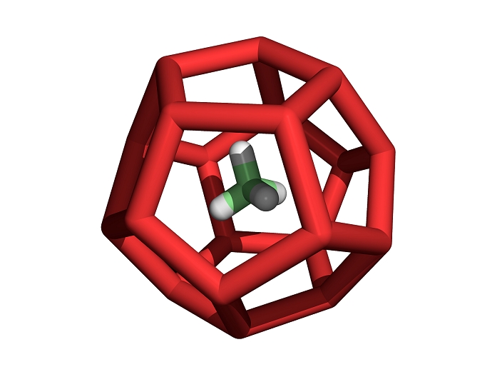 Methane hydrate. Computer model of the structure of methane hydrate, also known as methane ice or methane clathrate. It consists of a molecule of methane, which is composed of one carbon atom (green) and four hydrogen atoms (white), surrounded by a cage of water molecules (red). This whole structure is known as a clathrate. Methane hydrate is found in the very cold and high pressure environments under the arctic permafrost and in marine sediments, where it forms a crystalline solid. It is thought there is approximately 3000 times the volume of methane in hydrates than in the atmosphere, making it a huge potential energy source. However, methane is a greenhouse gas and so any release would contribute towards global warming.