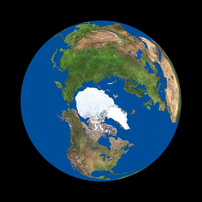 ^B*** NO POSTER, POSTCARD OR RETAIL PRODUCT USE. USE ^BIN CD-ROMs MUST HAVE PRIOR CLEARANCE IN WRITING ** Northern hemisphere. True-colour satellite image of the northern hemisphere of the Earth. The North Pole is at centre, surrounded by the Arctic ice pack (white). Water is blue, vegetation is green and arid areas are brown. At top, the massive land mass of Eurasia, the Earth's largest continent, dominates the hemisphere. Europe is seen at left of the vast deserts of northern Africa (upper right). North America (lower centre) lies between the Atlantic Ocean (lower right) and the vast Pacific Ocean (centre left).