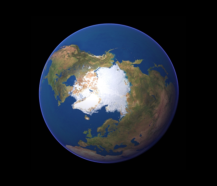 Northern hemisphere. Satellite image of the northern hemisphere of the Earth. The North Pole is at centre, surrounded by the Arctic ice pack (white). Water is blue, vegetation is green and arid areas are brown. At lower right, the massive land mass of Eurasia, the largest continent on the Earth, dominates the hemisphere. It consists of Europe (lower centre) and Asia (centre right to lower right). North America (upper left) lies between the Atlantic Ocean (lower left) and the vast Pacific Ocean (upper left to far right). Northern Africa is just visible at bottom centre.