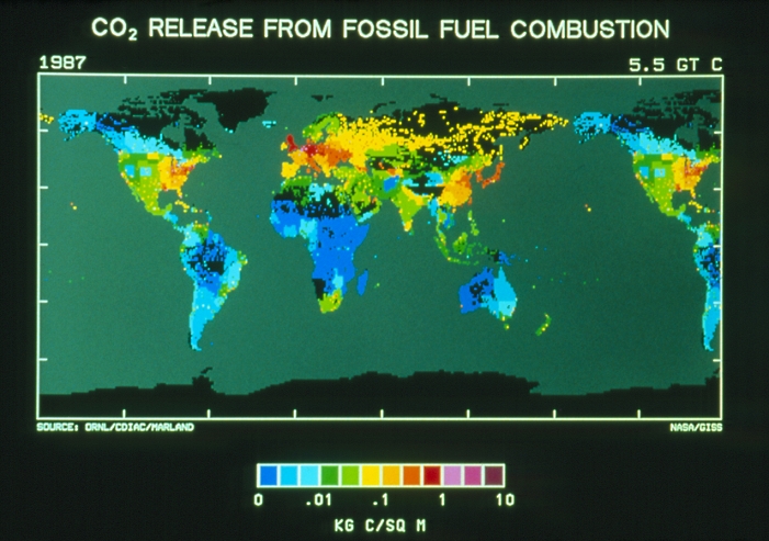 Computer-generated map of the world showing the distribution of carbon dioxide released from the combustion of fossil fuels. The map was created using country statistics of natural gas, crude oil & coal consumption for 1987. Estimates of carbon dioxide emissions were then distributed geograph- ically based on the human population (this assumes that energy is distributed on a per capita basis). The scale is measured in kilogrammes of carbon per square metre per year. Black areas indicate an absence of data. Levels of carbon dioxide, the most abundant & important of the greenhouse gases, are generally taken as an index of global warming.