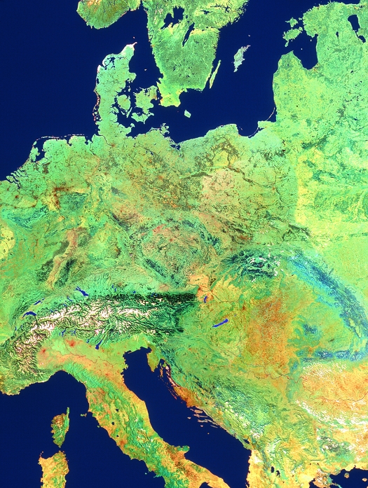 Central Europe, from space. Satellite view of Central Europe. The colours approximate to natural tones, and indicate the type of surface cover. At the centre of the frame is Germany, largely arable land with interspersed forests. Just south of this are the snow-covered Alps in Austria and Switzerland. To the north are Denmark, the Baltic Sea and part of Scandinavia. The right half of the frame covers the countries of Eastern Europe, whilst the far right edge is located over parts of the Commonwealth of Independent States (CIS). At the bottom are Italy and the Mediterranean Sea. The data for this image were gathered by NOAA weather satellites.