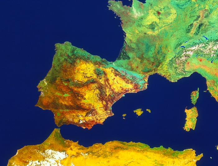 Iberian Peninsula. Mosaic of satellite images showing the Iberian Peninsula and the western part of the Mediterranean Sea. The colours have been exaggerated to emphasise surface cover: pale and mid-green for grassland and deciduous forest, dark green for conifer forests, yellow for desert and semi-desert, brown for arid mountain vegetation. The Iberian Peninsula is at centre, and consists of Spain and (on the left coast) Portugal. This has a border with France (upper right) in the form of the Pyrenees mountains. At the bottom of the frame is North Africa, separated from Europe by the Strait of Gibraltar. The data for this image were gathered by NOAA weather satellites.