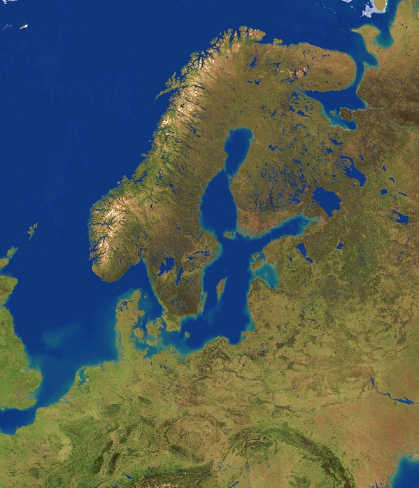 Northern Europe, computer model based on satellite data. North is at top, the Swedish island of Gotland in the Baltic Sea is at centre. Water is blue, bare land is brown and vegetation is green. The North Sea (centre left), Norwegian Sea (upper left) and Barents Sea (across top) are seen. The pitted western coast of Scandinavia (upper centre) shows the fjords of Norway.