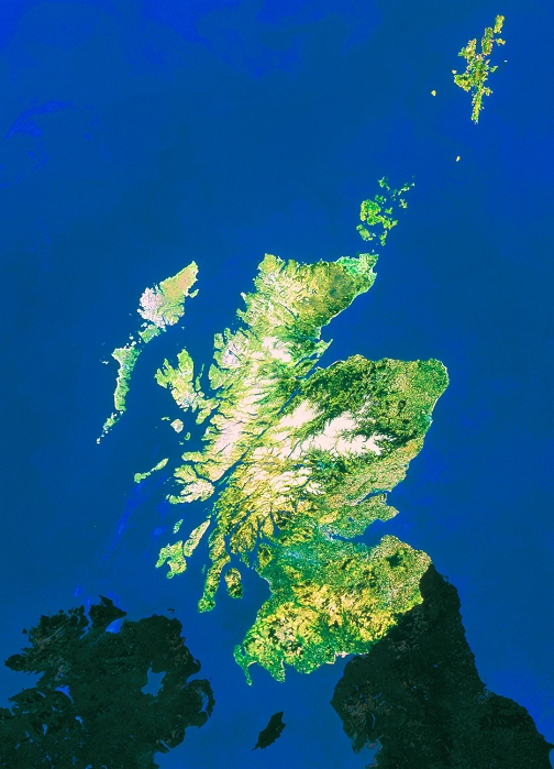 Satellite mosaic image of Scotland. The colours used approximate to natural tones. Scotland is split into three distinct geological areas. In the south, bordering with England, are the lowland hills (yellow/pale brown). The northern extent of this are the estuaries of the Clyde (west) and Forth (east). North of these are the Grampian Mountains (white). This area is separated from the rest of the Highlands by the long fault line of the Great Glen (centre frame). The main island groups off the coast are the Hebrides (west coast), the Orkneys (just off the north coast) and the Shetlands (top right).