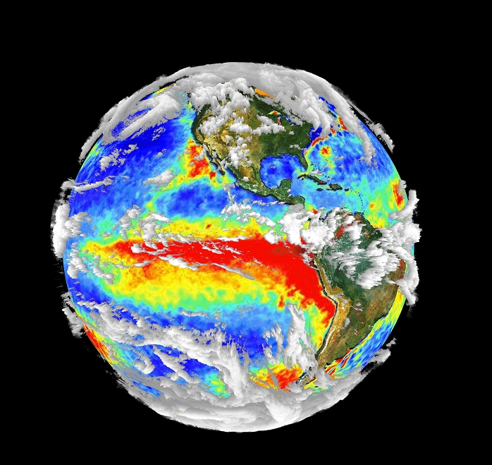 El Nino Phenomenon  Date of photograph unknown  Earth s 3 D cloud cover. Coloured composite image of the Earth, showing surface temperature  various colours  and three dimensional  3 D  cloud cover  white . It was created by integrating multiple satellite data, and is the first representation of the Earth s cloud cover in three dimensions. It combines electromagnetic, spectroscopic and thermal measurements of cloud cover and land and sea temperatures. Temperature is colour coded, from red  high  through to dark blue  low . The warm water current of El Nino in the Pacific Ocean is clearly seen  red band at centre . Red areas seen on the land masses of North and South America  green brown  represent forest fires.