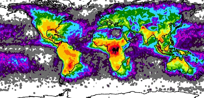 Global lightning distribution based on satellite data of variation in the average annual lightning strike frequency per square kilometre over the Earth's surface. Frequency varies from red/orange (high) through yellow, green, blue, purple and grey to white (low). The data was collected by two sensors on satellites in low-Earth orbit, the Optical Transient Detector (OTD) and the Lightning Imaging Sensor (LIS). Measuring lightning-induced near-infrared changes in clouds revealed lightning 'hotspots', including Florida, USA (upper left), Central Africa (centre) and the Himalayas (upper right). Map compiled by scientists at the National Space Science and Technology Center, USA.