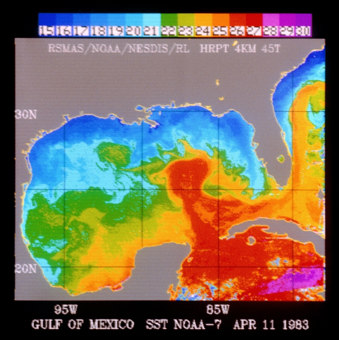 False colour satellite (NOAA) image of the heat distribution in the waters of the Gulf of Mexico, showing the Loop current (coloured red) flowing around the island of Cuba (grey finger, bottom right) & into the mouth of the Gulf. Land masses appear grey & the colour distribution of the water, corresponding to degrees centrigrade, is given at the top of the image. Image taken on 11th April, 1983.