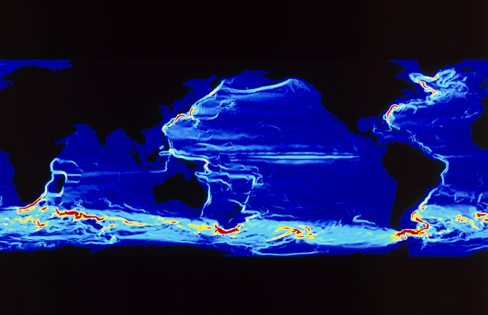 Computer model of ocean currents. Velocity map of ocean waters, derived from a simulation of ocean dynamics for four years. The colours represent vertically integrated velocities, from red (fastest) to blue (slowest). The model has predicted many major currents, including the Agulhas (bottom left), Kiroshio (upper centre), Falkland (bottom right) and the Gulf Stream (top right). The wind-driven Antarctic Circumpolar Current runs across the bottom of the frame. The model used a spatial resolution of 0.5 degrees latitude and longitude with 20 depth levels. Wind, heat and salinity forcing were also included.
