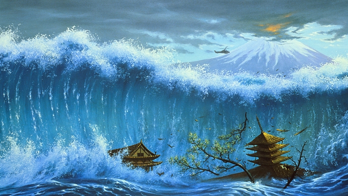 Meiwa Tsunami  Yaeyama Earthquake  Tsunami or  tidal wave . Illustration depicting a tsunami engulfing oriental buildings, with an erupting volcano in the background. Often wrongly termed  tidal waves , tsunamis are generated by abrupt physical displacement of the seabed   by an earthquake, by subsidence or by the collapse of a marine volcanic caldera. Over deep ocean, the mass of uplifted water appears as a broad and low but fast moving disturbance. Over shallow coastal seas, however, the velocity of the wave drops and the amplitude increases, producing an enormous wave capable of immense destruction. The largest recorded tsunami was 85 metres high, and impacted on the Japanese Ryukyu Islands on 24 April 1771.