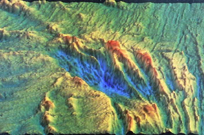 Mid-ocean ridge. Image of the ocean floor showing part of a rift feature in the Galapagos spreading centre, Pacific Ocean. The colours show the depth of the ocean floor, from dark blue (deepest) through light blue, green and yellow to red (shallowest). This 'propagating' rift is a section of a mid-ocean spreading ridge, the constructive margin between tectonic plates which are moving apart. A section of the ridge between two transform faults may become offset from the line of the main ridge. This offset section may then migrate along the direction of the ridge, forming a propagating rift. This image was made using sonar and echo-sounding data.