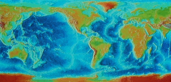 Computer map centred on the Americas showing the oceanic ridges. These are visible as lighter blue formations on the oceanic floors and are the boundaries, which are drifting apart, between the plates carrying the continents and the oceanic floors. The Mid-Atlantic ridge in the Atlantic Ocean separates the North and South American plates from the Eurasian and African plates. The East Pacific ridge runs almost parallel to the South American coast in the Pacific Ocean. In the Indian Ocean lies the Southeast Indian Ocean ridge (bottom right) that splits near Madagascar into the Southwest Indian Ocean ridge and the Carlsberg ridge which points towards the Arabian Sea.