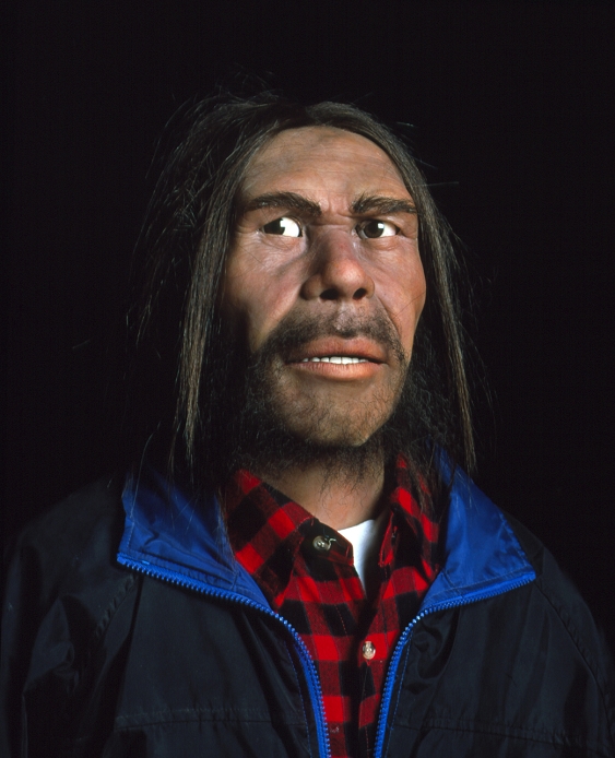 Neanderthal man. Model of a neanderthal man (Homo sapiens neanderthalensis) dressed in modern clothing. Neanderthals were early humans that lived in Europe and the Middle East about 120- 30,000 years ago. When dressed in modern clothes this man bears some resemblance to a modern man in appearance. Neanderthals' brains were slightly larger than ours, being up to 1750 millilitres in volume. They used tools to make weapons and build homes. The first neanderthal skeleton was found in the Neander Valley, Germany. This model, from an exhibition by Nordstar, was photographed at the Naturkundemuseum in Stuttgart, Germany.