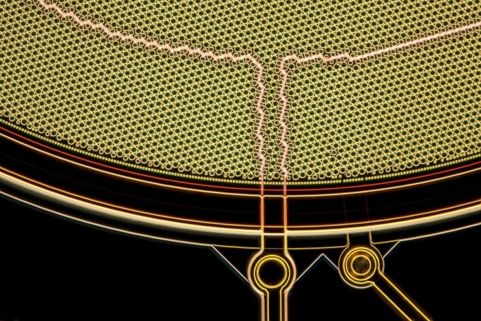Smartphone MEMS microphone, LM Infineon MEMS  MicroElectroMechanical System  microphone wafer. MEMS microphones are installed in nearly all modern smartphones. The image shows a detailed view of the MEMS wafer. The MEMS is mounted together with the amplifier wafer in a small housing. Microscopic contrast technique: Incident darkfield. Magnification 150x when printed 10 centimetres wide.