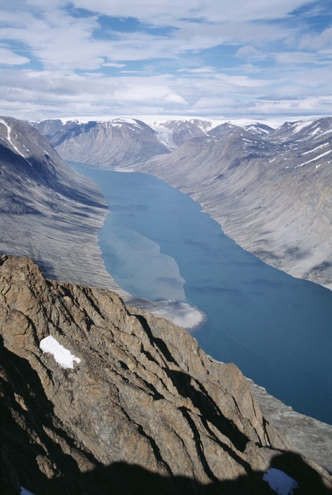 Tirolerfjord, Greenland  unknown date  Fjord, aerial view. This narrow inlet of the sea was formed when a valley carved by a moving glacier flooded. This is Tyrolerfjord in Arctic Greenland. It was photographed from the summit of Ehrenberg Fjeld  mountain  in the North East Greenland National Park.