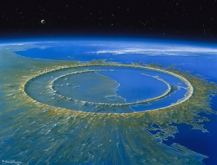 Chicxulub crater. Artwork of the Chicxulub impact crater on the Yucatan Peninsula, Mexico, soon after its creation. This impact may have caused the extinction of the dinosaurs and 70% of all Earth's species 65 million years ago. The crater is about 180 kilometres (km) wide and was caused by an asteroid or comet core which was 10-20 km across. The impact threw trillions of tonnes of dust into the atmosphere which may have blocked the Sun's light and caused global climate changes. The remains of this debris are found worldwide as a layer in rocks known as the 'K/T boundary'. Other impacts like this in Earth's future are a statistical certainty.