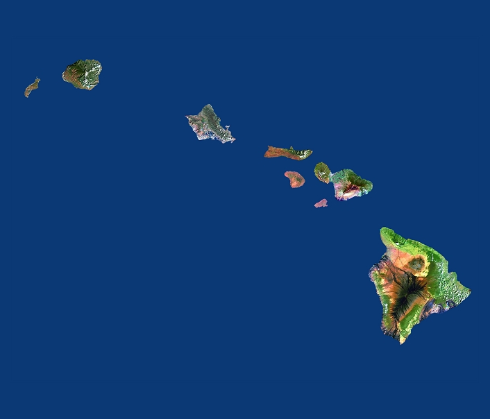 Hawaiian islands. Composite satellite image of the islands of the state of Hawaii, USA, in the Pacific Ocean. From lower right to upper left the islands are: Big Island, Maui, Lana'i, Molokai, O'ahu and Kaua'i (twin island). The windward side (north east) of each island is lusher than that of the leeward sides (south west). This is due to the larger rainfall, which is brought by the wind. The islands lie on a 'hot spot', an unusually hot region of the Earth's mantle. An undersea volcano south east of Big Island may one day create a new island. The images were collected between 1999 and 2001 by the Enhanced Thematic Mapper Plus sensor (ETM+) on board NASA's Landsat 7 satellite.