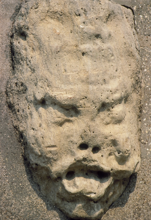 The effects of acid rain on stone. Face of a stone gargoyle, badly corroded by centuries of rain and, more recently, acid rain. Limestone features such as these are particularly prone to acid attack. Normal rain is slightly acidic, mainly carbonic acid. In post-industrial societies, however, sulphuric and nitric acids are normally present. Sulphuric acid comes from sulphur oxides generated by industry and fossil- fuel power stations. Nitric acid comes from motor vehicle exhaust fumes as nitrogen oxides. Photographed in Paris.