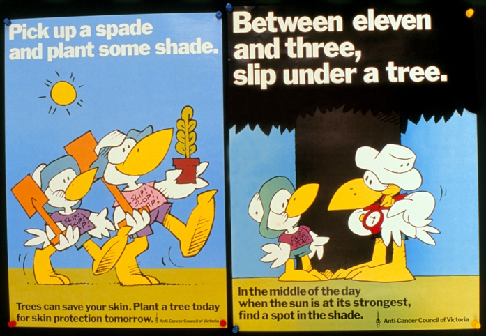 Two publicity posters, produced by the New Zealand Cancer Society, advocating protection from sunlight. At left is a poster suggesting the planting of trees to provide shade, at right it is suggested that people stay in the shade between 11am and 3pm each day. This education programme was instigated following concerns of increased ultraviolet light reaching the country as the Antarctic ozone 'hole' increases. The ozone layer naturally filters the high-energy UV-B wavelengths from sunlight, but ozone depletion allows more UV- B to reach the surface. UV-B is thought to increase incidence of skin cancer, severe sunburn, damage to the cornea and conjunctivitis.