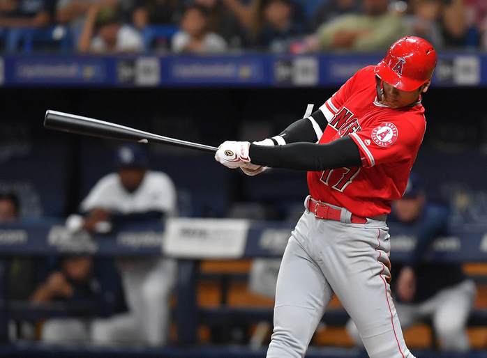 2019 MLB Los Angeles Angels designated hitter Shohei Ohtani hits a single off in the seventh inning during the Major League Baseball game against Tampa Bay Rays at Tropicana Field in St. Petersburg, Florida, United States, June 13, 2019.  Photo by AFLO 