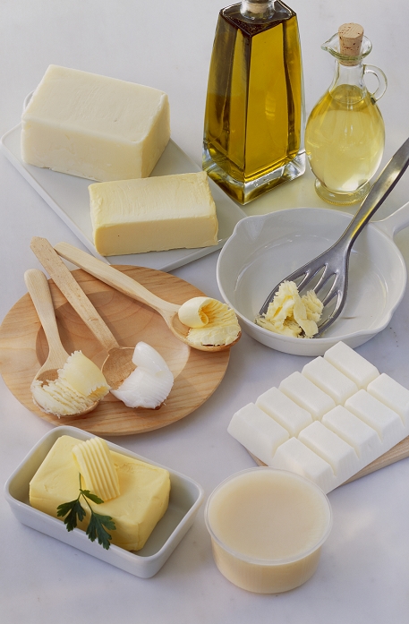 Assorted fats and oils including olive oil, sunflower oil, butter, goose fat, duck fat, run butter, palm fat, lard and margarine. Fats and oils are an essential part of the diet. However unsaturated fat, which is generally found in plant oils, is healthier than saturated fat, which is generally found in animal fats.