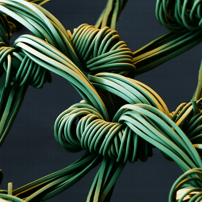 Nylon stocking fibres. Coloured Scanning Electron Micrograph (SEM) of the weave of a nylon stocking (ladies tights). Nylon is a polyamide substance, and the first synthetic fibre ever to be produced. Nylon fibres are stronger and more elastic than silk and are relatively insensitive to moisture and mildew. Nylon is used in the manufacture of textiles (particularly hosiery and woven goods, including carpets), moulded articles and medical sutures. Magnification: x75 at 6x6cm size.