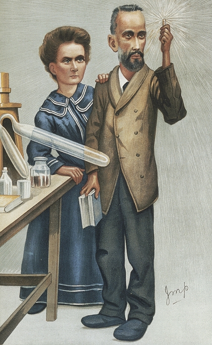 The World s Greatest Persons Marie Curie  1904  Pierre and Marie Curie. Caricature of Pierre  1867 1906  and Marie Curie  1867 1934  in their laboratory. Pierre holds a glowing tube of radium. Marie began studying radioactivity in uranium shortly after its discovery by Bequerel in 1896. She studied the content of uranium ores by measuring their radioactive emissions and showed that thorium was radioactive. Pierre originally studied magnetic effects but from 1898 worked with his wife on radioactive materials. Together they detected two new radioactive elements, polonium and radium, both highly radioactive. The Curies were awarded Nobel Prizes in 1903 for physics and 1911 for chemistry. Image drawn in 1904.