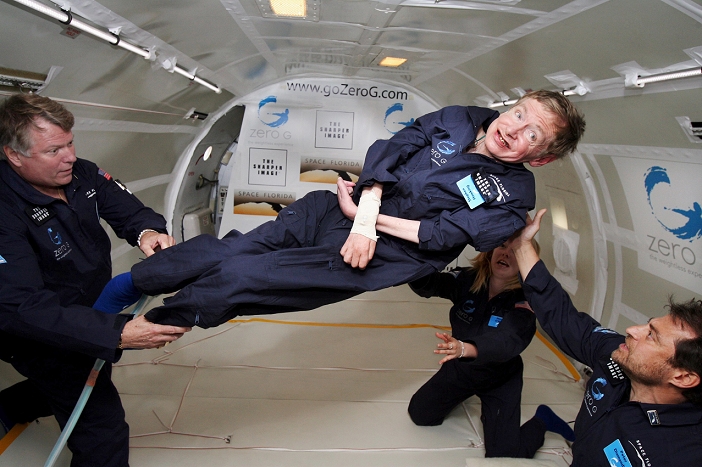 Stephen Hawking, (born 1942) British theoretical physicist, in freefall flight, 26 April 2007. He is on board a modified Boeing 727 jet owned by the Zero Gravity Corporation. The jet completes a series of steep ascents and dives that create short periods of weightlessness due to freefall. During this flight Hawking experienced 8 such periods. In 1963 Hawking was diagnosed with amyotrophic lateral sclerosis (ALS), a form of motor neurone disease, which has left him wheelchair-bound. Hawking is best known for his work on cosmology and black holes, and writing the popular science book A Brief History of Time (1988).