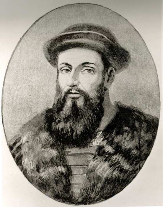 Magellan  Dating unknown  Ferdinand Magellan  c.1480 1521 . Portrait of the Portuguese navigator Ferdinand Magellan, whose ship was the first to circumnavigate the world. Magellan set sail from Seville, Spain, in August 1519 with five ships. His plan was to sail west until he arrived in India, avoiding Portuguese  controlled waters to the east. After crossing the stormy Strait of Magellan in South America the fleet struck out across a vast, tranquil ocean, which Magellan called the Pacific because of its calmness. Over 100 days later they reached the Philippines, where Magellan was killed during a squabble with natives. Only one ship made it back to Spain, arriving in September 1522.