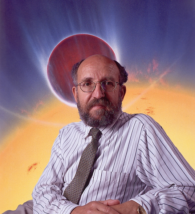 Michel Mayor  1997  Michel Mayor. Portrait of the astrophysicist professor Michel Mayor seen on an artwork of planet 51 Pegasi B orbiting the star 51 Pegasi. Mayor is professor of astrophysics at Geneva University. In 1995, along with Didier Queloz, he discovered 51 Pegasi B. This planet orbits 51 Pegasi, a Sun like star some 42 light years from Earth. 51 Pegasi B is about half Jupiter s size, and orbits only 7 million kilometres from the star, equivalent to 1 6th of Mercury s orbit around the Sun. It is likely that this extremely hot planet is pulled into an oval shape by huge gravitational tidal forces. Photographed in 1997.