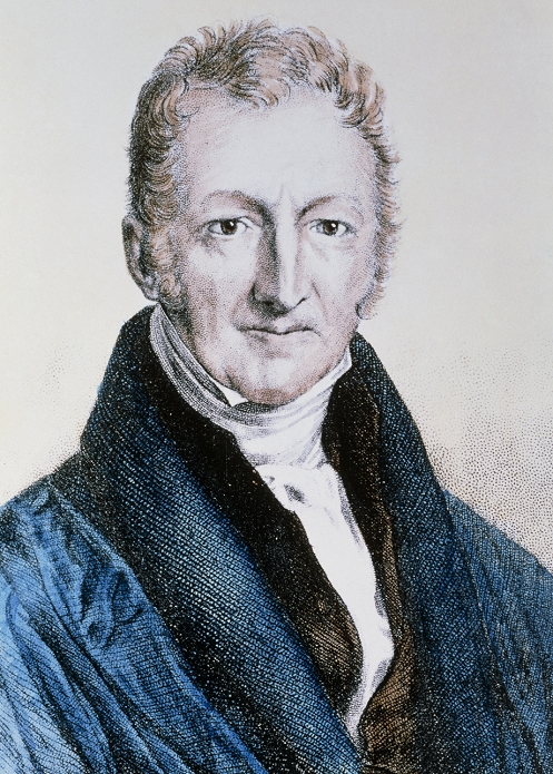 Thomas Robert Malthus  Date of photography unknown   Thomas Malthus. Coloured historical artwork of Thomas Robert Malthus  1766 1834 , British economist and clergyman. In 1798 Malthus published anonymously his Essay on the Principle of Population in which he argued that a population will inevitably increase faster than its food supply unless kept in check by famine, disease and war. Malthus  arguments gained great support, especially amongst those opposed to efforts intended to improve the living conditions of the poor. Charles Darwin was also influenced by Malthus, believing that a species  struggle for the limited food supply provided a mechanism for natural selection.