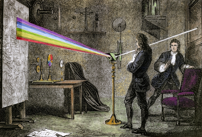 The World s Greatest Man Isaac Newton  Date unknown  Newton s optics. Coloured artwork of the English physicist Isaac Newton  1642 1727  conducting his famous experiment on light. He is using a prism to refract a ray of light from a hole in the shutters over a window. A white surface  far left  allowed Newton to observe that light splits into the different colours  spectrum  observed in rainbows. Newton failed to further split the colours, but later he remixed the colours using a lens and prism. Newton carried out this experiment while at Cambridge University, but the results were not known until he published the book Opticks in 1704. Newton is also famous for his general theory of gravitation, and for his mathematical discoveries.