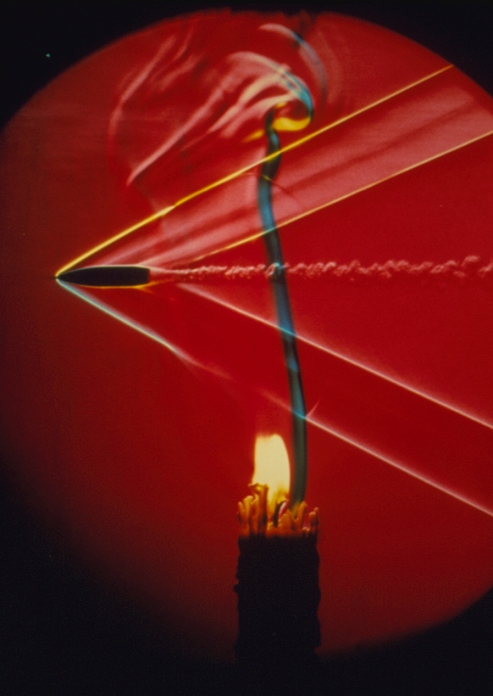 High-speed schlieren photograph of a bullet passing through the hot air above a candle flame, showing V-shaped shock waves caused by its passage and its turbulent wake.