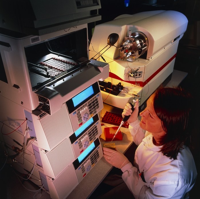 . Cancer drug research. Female researcher using a pipette to place samples into auto-sampler vials before loading them into a liquid chromatography mass spectrometer (LCMS). The LCMS will be used to identify and measure the levels of drugs or biochemicals in the blood or other bodily fluid during research into anticancer (chemotherapy) drugs. The individual chemicals making up a sample are separated out in the chromatograph, before being identified in the mass spectrometer. MODEL RELEASED