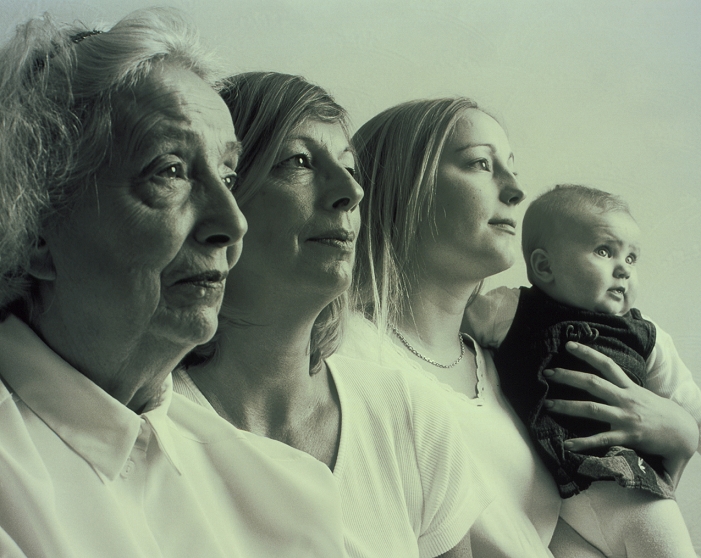 . Family. Profile of four female generations of a family, from the great- grandmother at far left to her great-granddaughter at far right. MODEL RELEASED