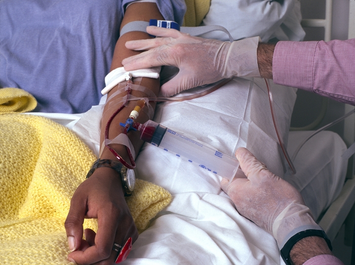 Sickle cell blood transfusion. Pregnant female patient with sickle cell anaemia undergoing a blood transfusion. Gloved hands are injecting the blood from a syringe through a cannula into a vein in her arm. Sickle cell anaemia is an inherited blood disease occurring primarily in black people. It is caused by abnormal haemoglobin in oxygen- carrying red blood cells, which makes the cells sickle-shaped. Blood transfusions may be performed to temporarily replace these deformed red blood cells. This may be done regularly for people who suffer frequent and severe sickle cell crises. It is also vital during pregnancy, when red blood cells supply oxygen to the growing foetus as well.