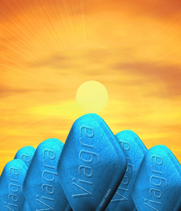 Viagra pills. Computer artwork of viagra pills, the first oral treatment for male impotence, in front of the rising sun. Viagra is the trade name for the drug sildenafil citrate. It is used to treat erectile dysfunction. Viagra enhances the smooth muscle relaxant effects of nitric oxide, a chemical that is released in response to sexual stimulation. Relaxation of the smooth muscle allows blood to enter the penis, resulting in erection. Viagra is made by Pfizer pharmaceuticals.