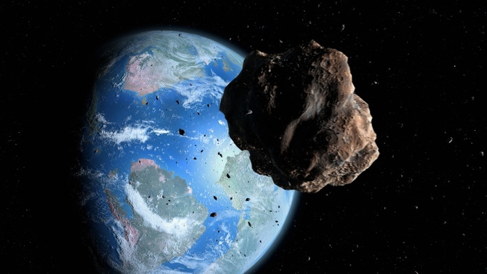 Asteroid approaching Earth, illustration Illustration of an asteroid approaching Earth during the Cretaceous period, poised to exterminate the dinosaurs. Near Earth asteroids are a constant threat to our planet