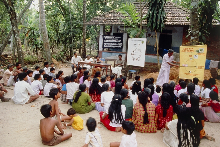 Malaria prevention education Health education. People learning about the cycle of filariasis on a health education programme in India. Filariasis describes a group of tropical diseases caused by various parasitic worms or their larvae, which are transmitted to man by insect bites. Some species of worm cause inflamm  ation of the lymph vessels which can result in elephantiasis  enlargement of the affected area with thickening and cracking of the skin . Other species cause blindness  onchocerciasis , or skin lesions  loiasis . Education about the use of insecticides, nets, and clothing to avoid insect bites can reduce the prevalence of these diseases.