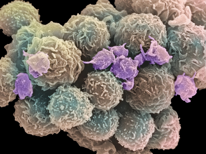 White blood cells & platelets. Coloured scanning electron micrograph (SEM) of a group of white blood cells (leucocytes) and activated platelets in human blood. The larger rounded white blood cells (coloured brown) play a role in the immune response of the body. At centre and far left are smaller platelets (thrombocytes, coloured purple). Platelets are non-nucleated cells found in large numbers in the blood. When inactive they are round or oval discs; activated they have dendritic processes, or pseudopodia (as seen here), and they may become star-shaped. When activated, platelets clump together and are involved in blood clotting. Magnification: unknown.